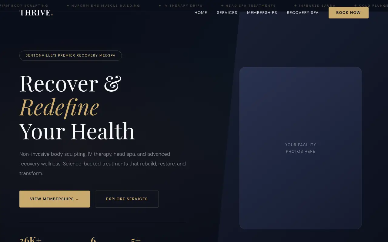 Homepage screenshot of Thrive MedSpa | Body Sculpting, IV Therapy & Recovery in Bentonville AR, Demos & Portfolio site