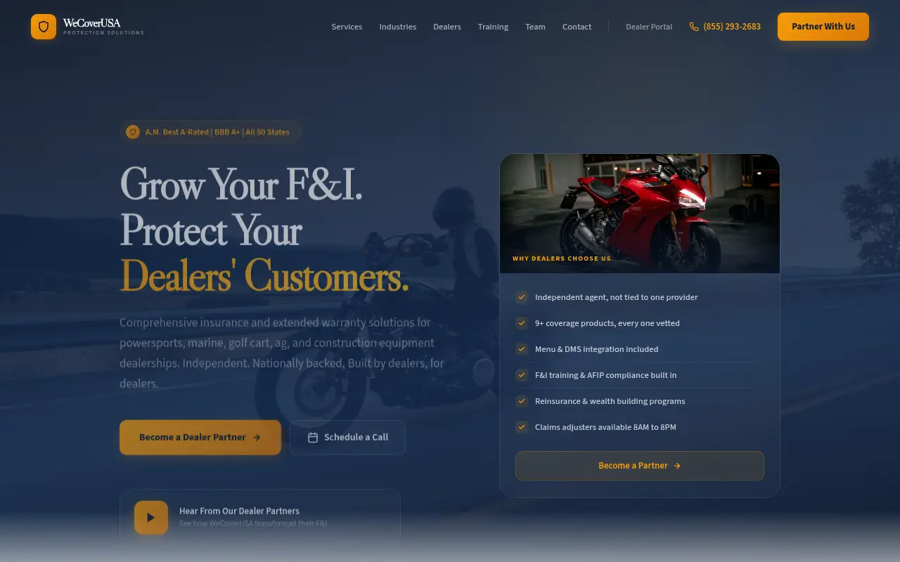 Homepage screenshot of WeCoverUSA | Premium Equipment Protection & Extended Warranties for Dealers, Demos & Portfolio site