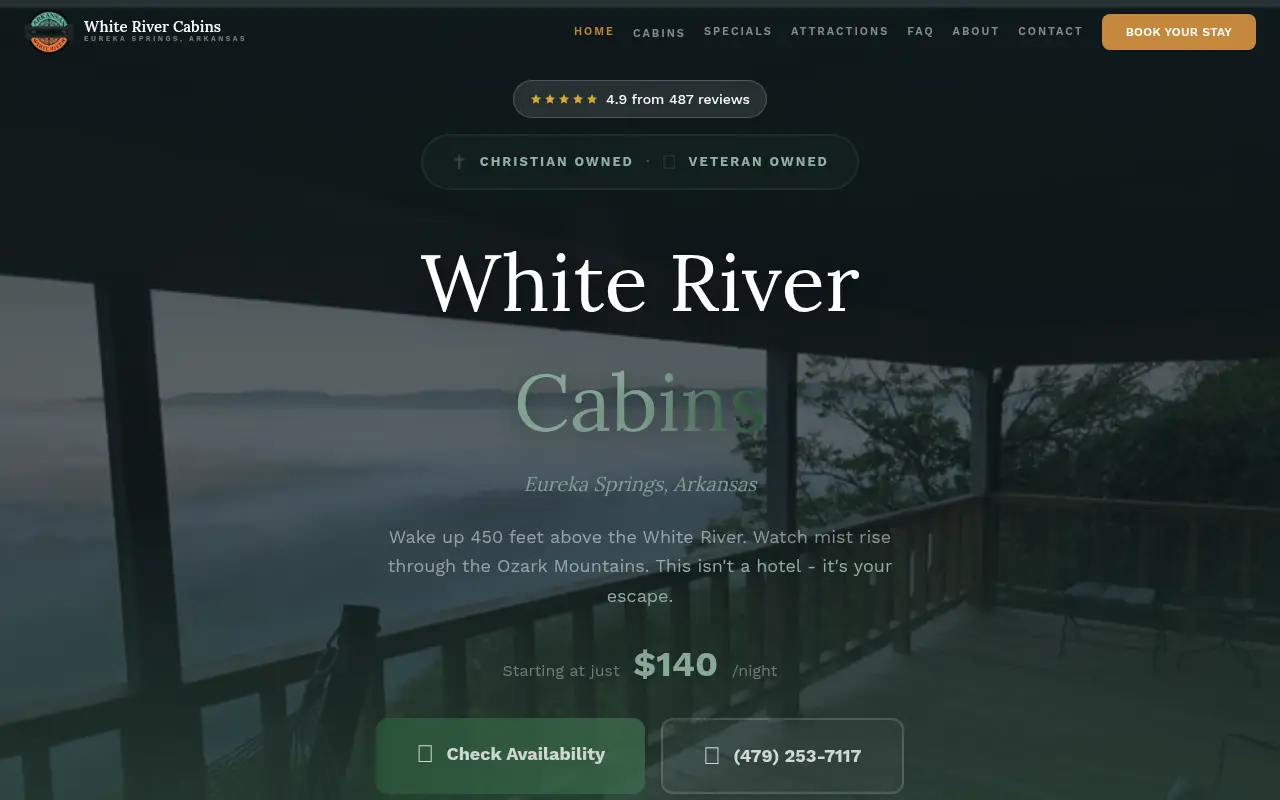 Homepage screenshot of White River Cabins | Eureka Springs AR | Cliff Edge Cabin Rentals, Demos & Portfolio site