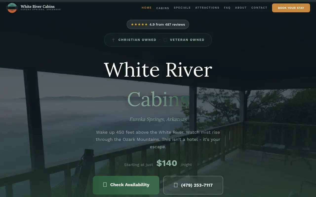 Homepage screenshot of White River Cabins | Eureka Springs AR | Cliff Edge Cabin Rentals, Demos & Portfolio site