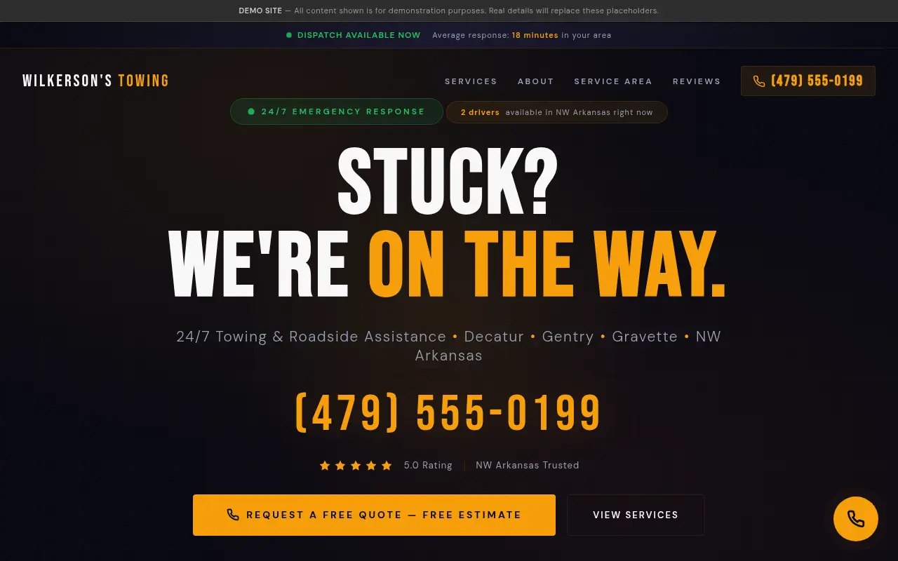 Homepage screenshot of Wilkerson's Towing | 24/7 Emergency Towing, NW Arkansas, Demos & Portfolio site