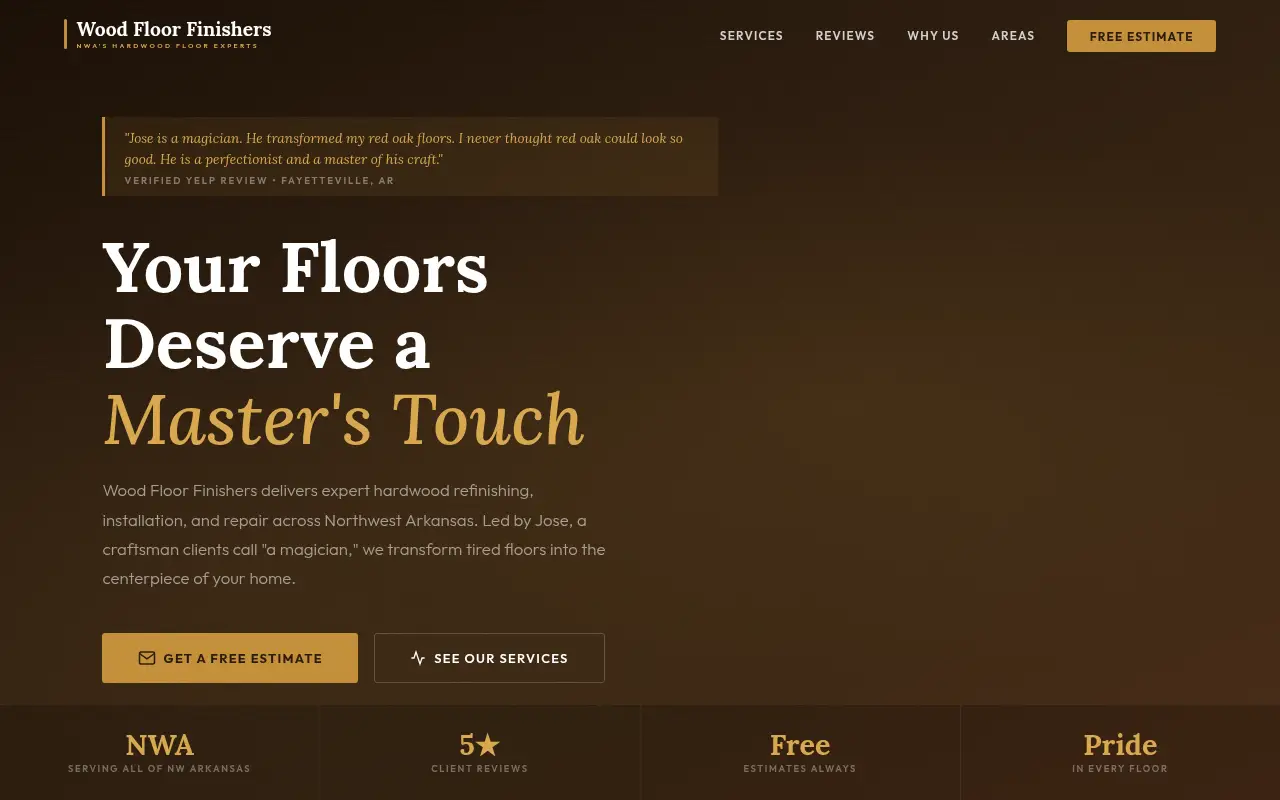 Homepage screenshot of Wood Floor Finishers | Hardwood Refinishing &amp; Installation | NWA Arkansas, Demos & Portfolio site