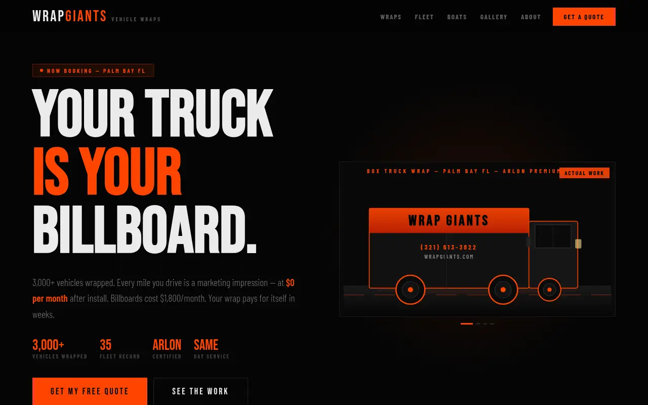 Homepage screenshot of Wrap Giants | Vehicle Wraps Palm Bay FL | Brevard County, Demos & Portfolio site